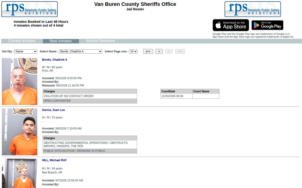 Van Buren County 48-hour new-booking arrest view