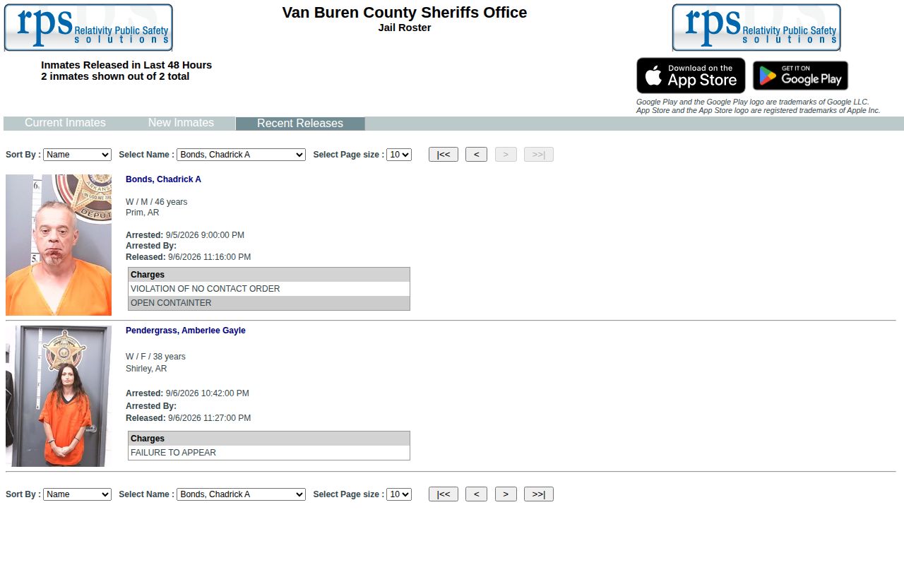 Van Buren County recent release interface