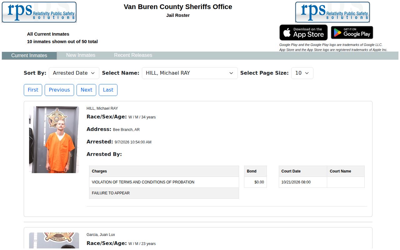 Van Buren County current inmate roster search interface