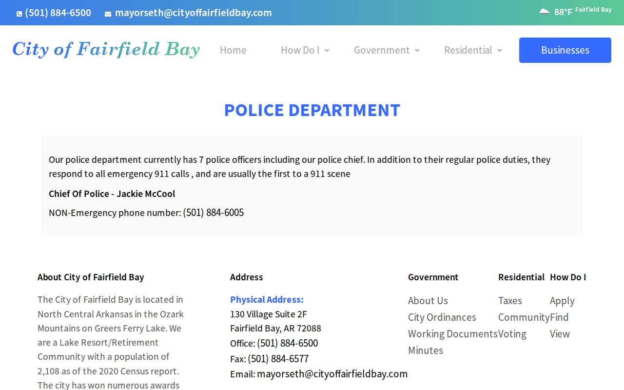 Fairfield Bay Police Department contact page for recent arrest questions